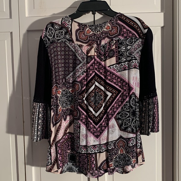 Cato Purple & Black 3/4 Sleeve Tie Front Boho Blouse EUC - Picture 7 of 10